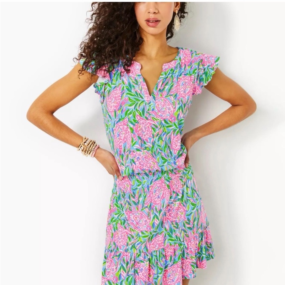 Lilly Pulitzer Pink Green Blue Floral Ruffle-Sleeve Dress